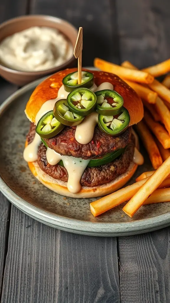 A spicy chipotle burger with jalapeños and a creamy sauce, served with fries.