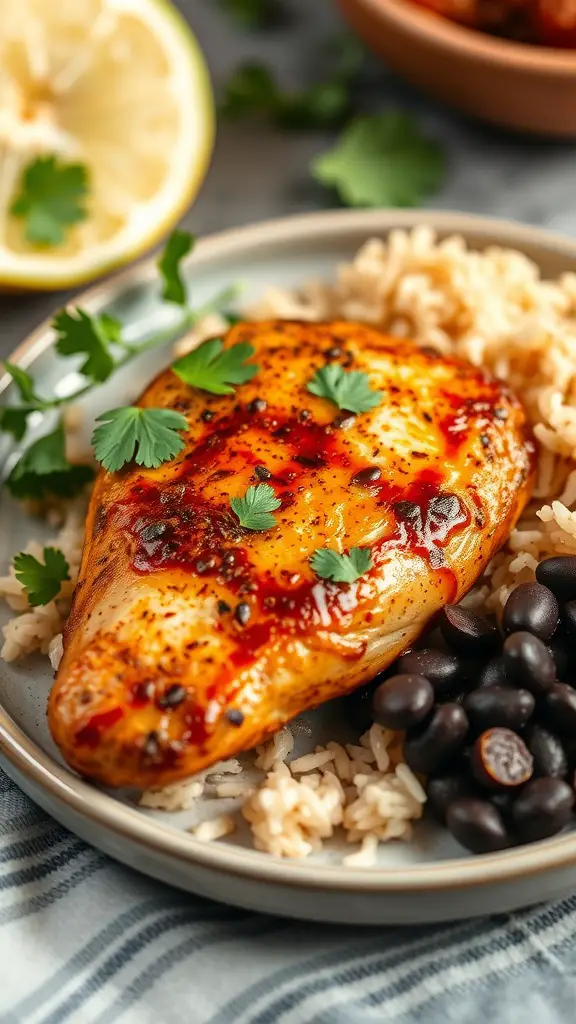 Plate of spicy chipotle chicken served over rice with black beans and fresh cilantro.
