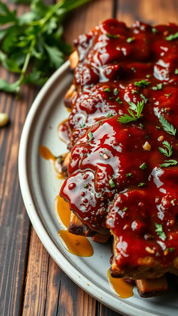 Spicy chipotle glazed ribs on a plate, beautifully presented with a glossy sauce and garnished with fresh herbs.