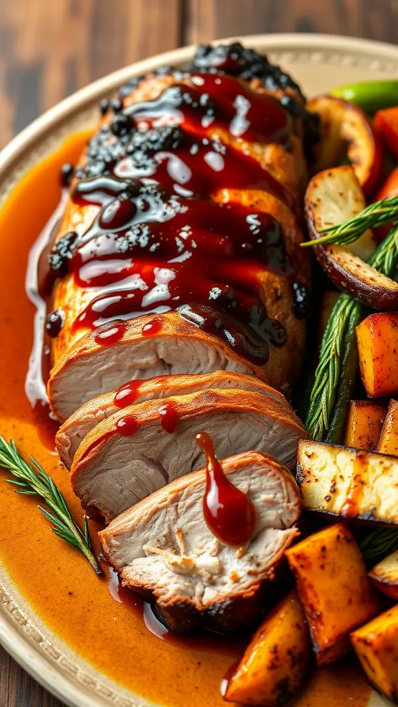 Grilled pork tenderloin with chipotle glaze and roasted vegetables on a plate.