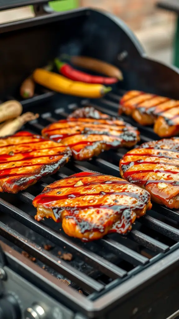 Grilled pork chops with a chipotle honey glaze on a barbecue grill.