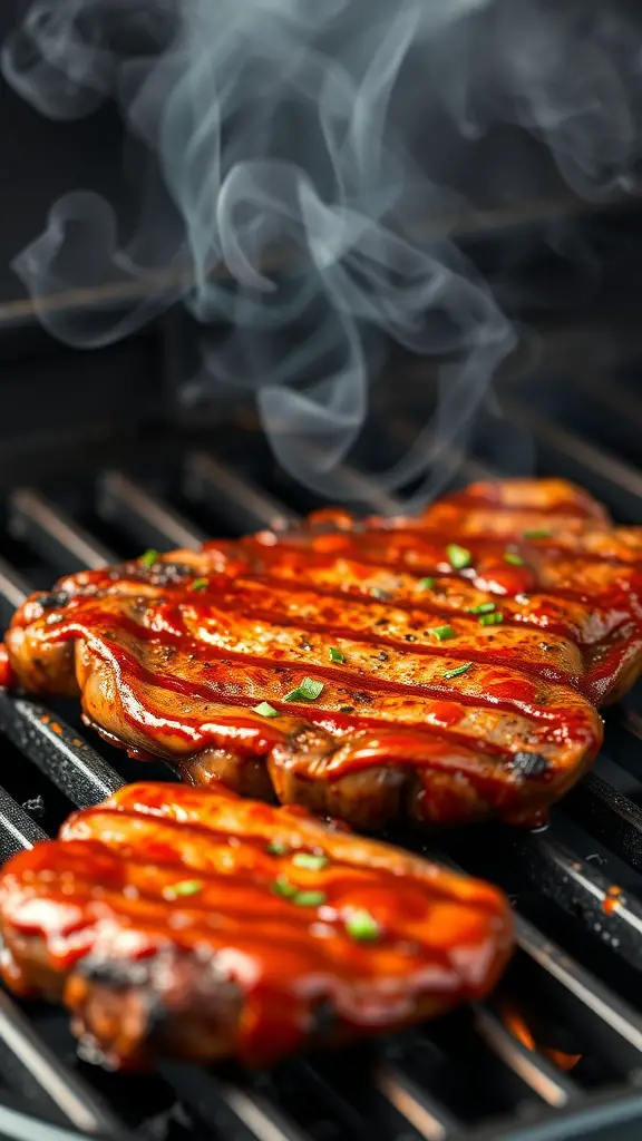 A close-up of juicy grilled flank steak glazed with chipotle marinade.