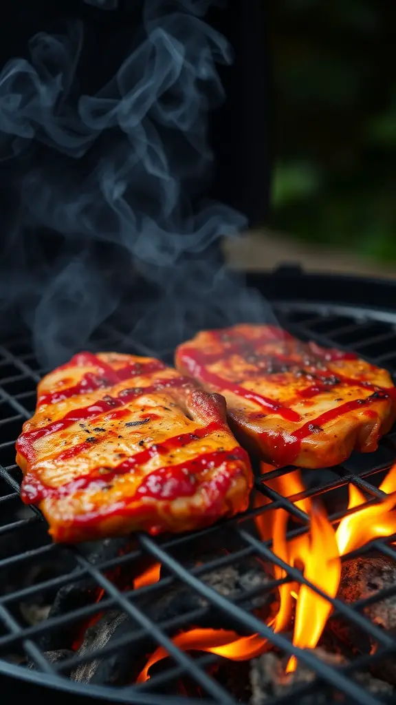 Grilled pork chops with a spicy chipotle marinade sizzling on the grill.