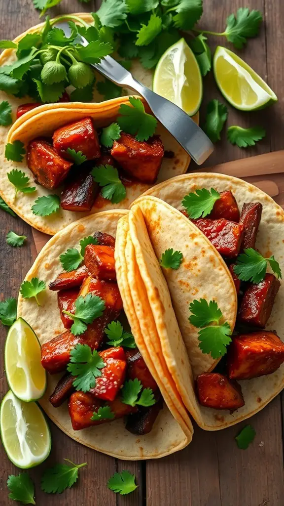 Spicy chipotle pork belly tacos garnished with cilantro and lime