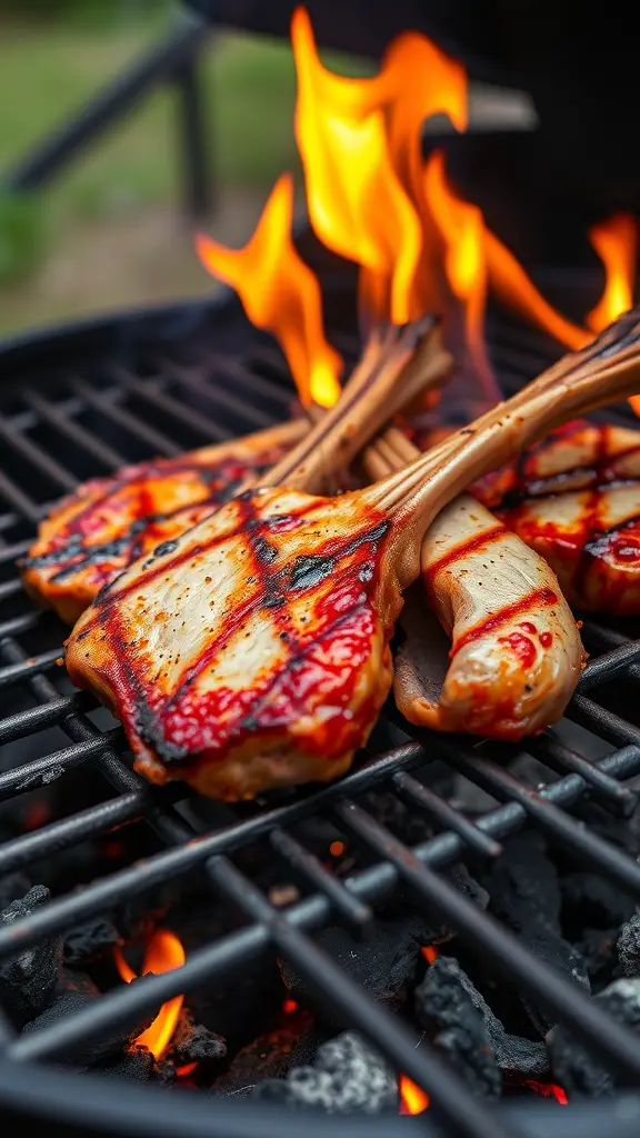 Grilled pork loin chops with a spicy chipotle glaze on a grill