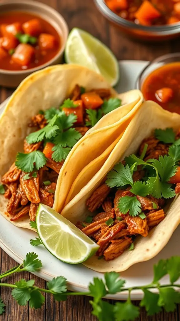 Two tacos filled with pulled pork, garnished with cilantro and lime slices.