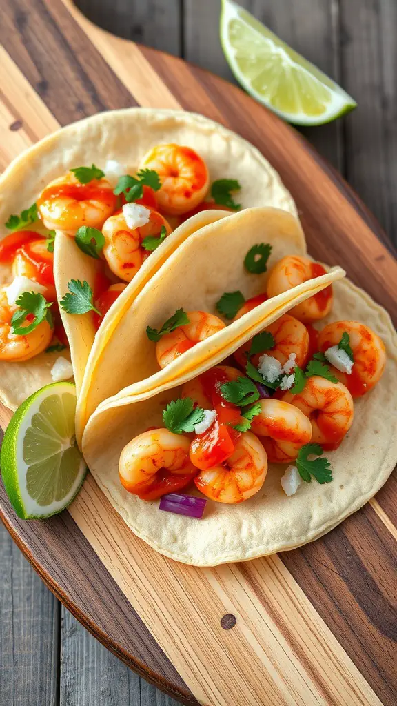 Delicious spicy chipotle shrimp tacos with fresh toppings.
