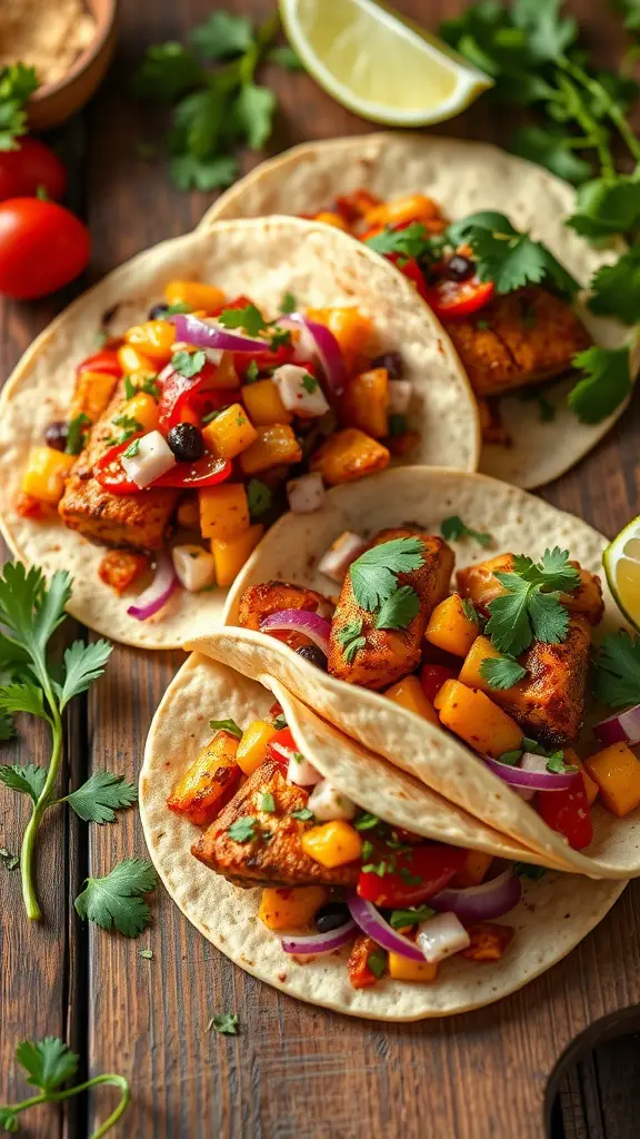 Spicy Chipotle Trout Tacos with mango salsa and cilantro