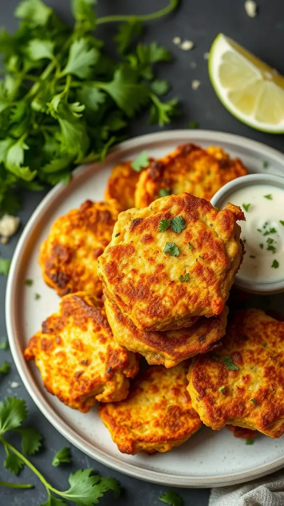 Spicy corn fritters served with cilantro lime dip.