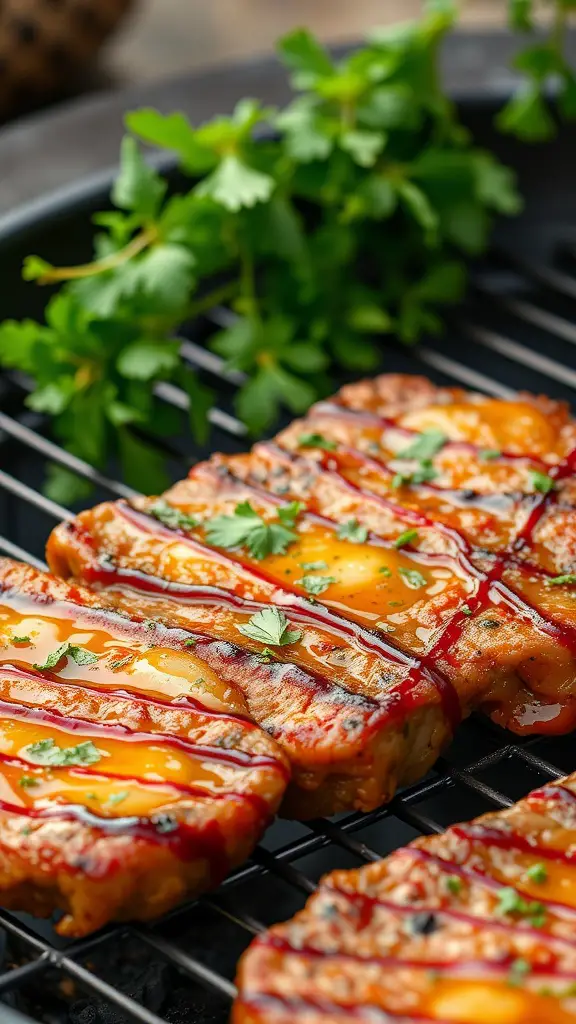Grilled pork steaks with spicy garlic marinade and garnished with parsley