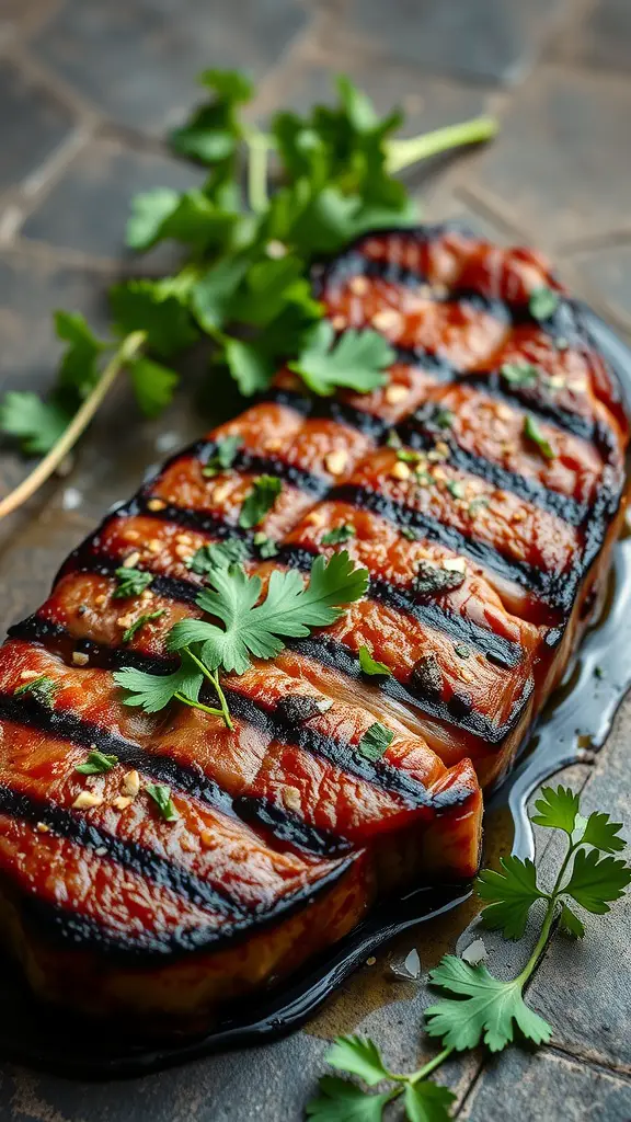 Spicy garlic marinated skirt steak garnished with fresh cilantro.