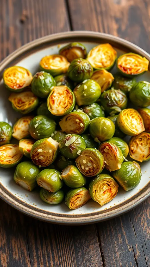 A plate of crispy, charred Brussels sprouts with garlic and Parmesan