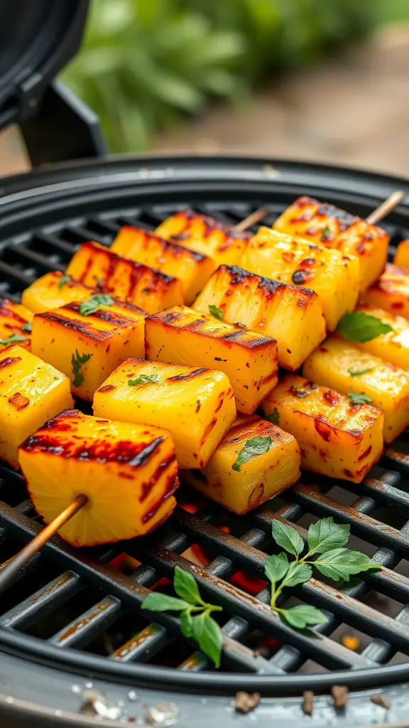 Spicy grilled pineapple skewers on a grill