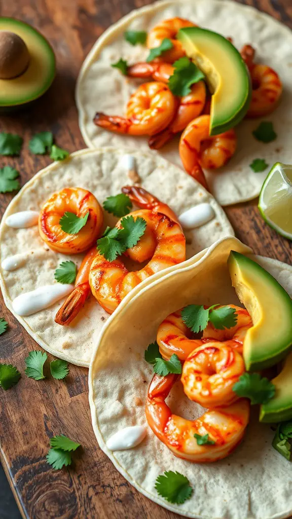 Spicy grilled shrimp tacos with avocado and cilantro