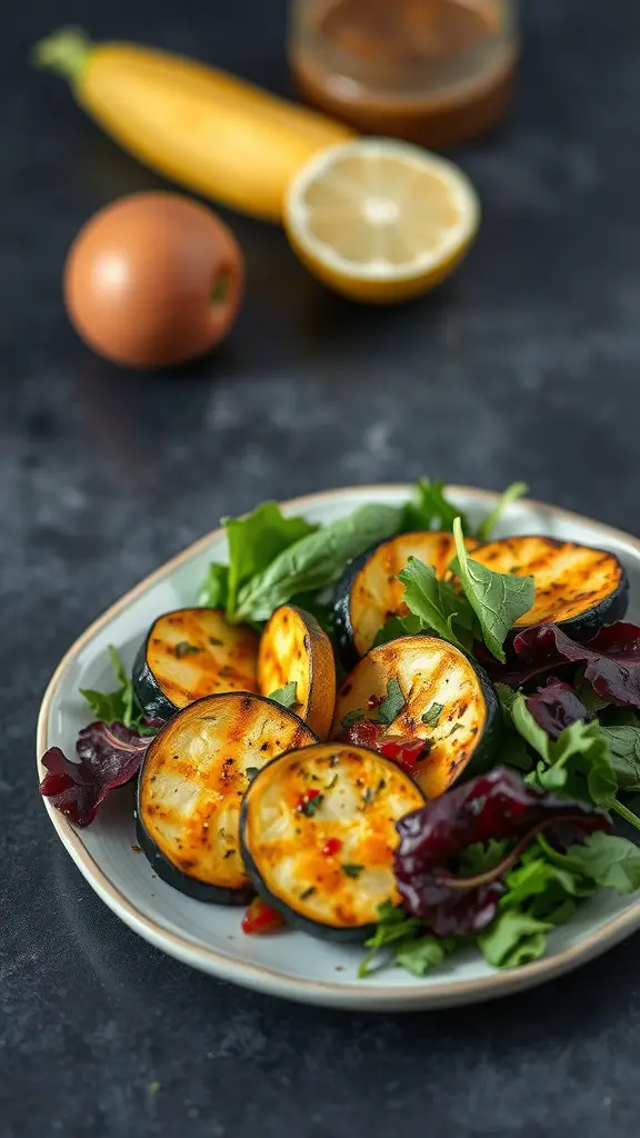 A plate of spicy grilled squash salad with mixed greens and dressing