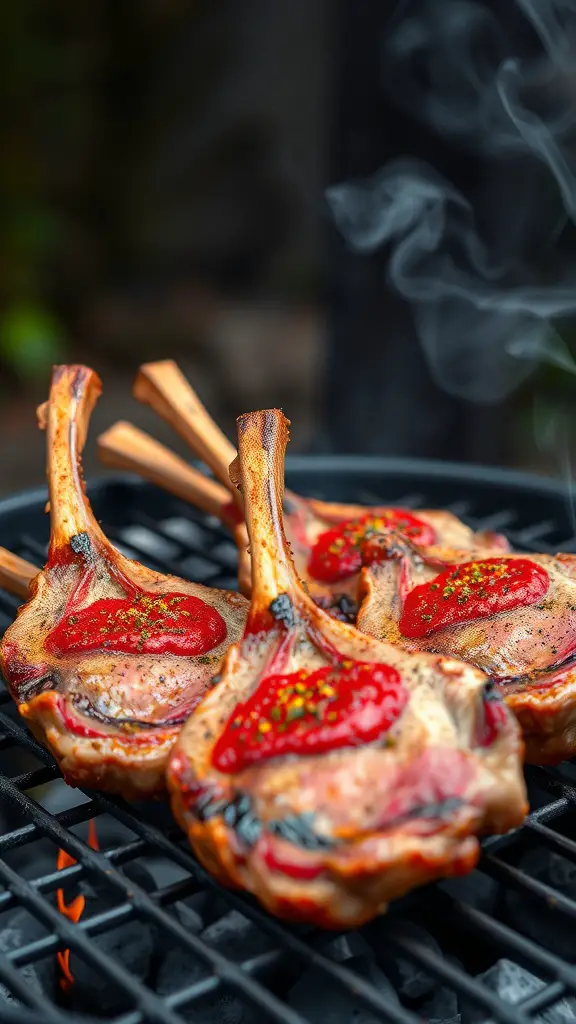 Grilled lamb chops with harissa sauce on a grill