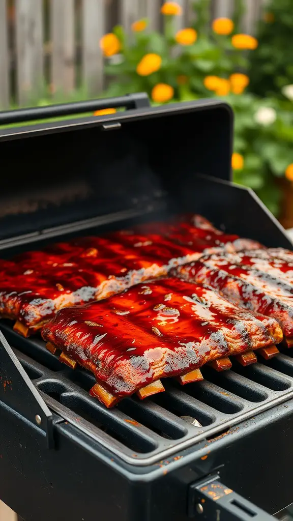Spicy honey glazed ribs on a grill