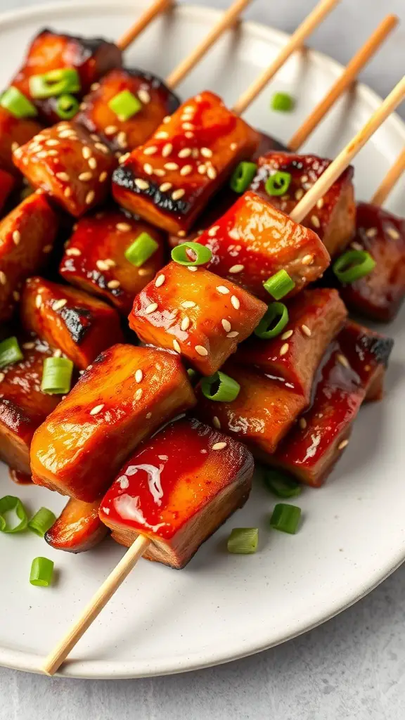 Delicious Spicy Korean Pork Belly Skewers garnished with green onions and sesame seeds.