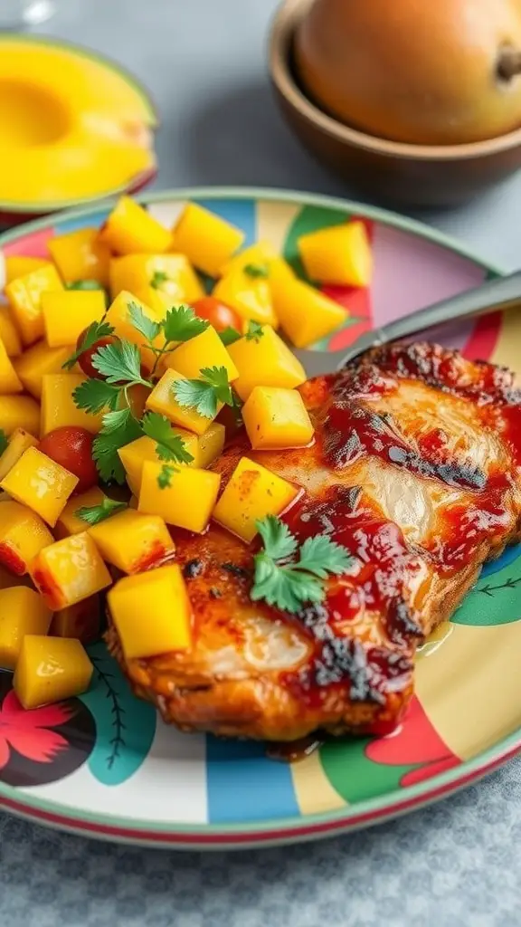Spicy mango glazed pork chops with diced mango and cilantro garnish