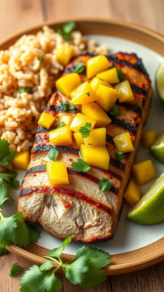 Grilled pork tenderloin topped with diced mango and served with herbs and lime.