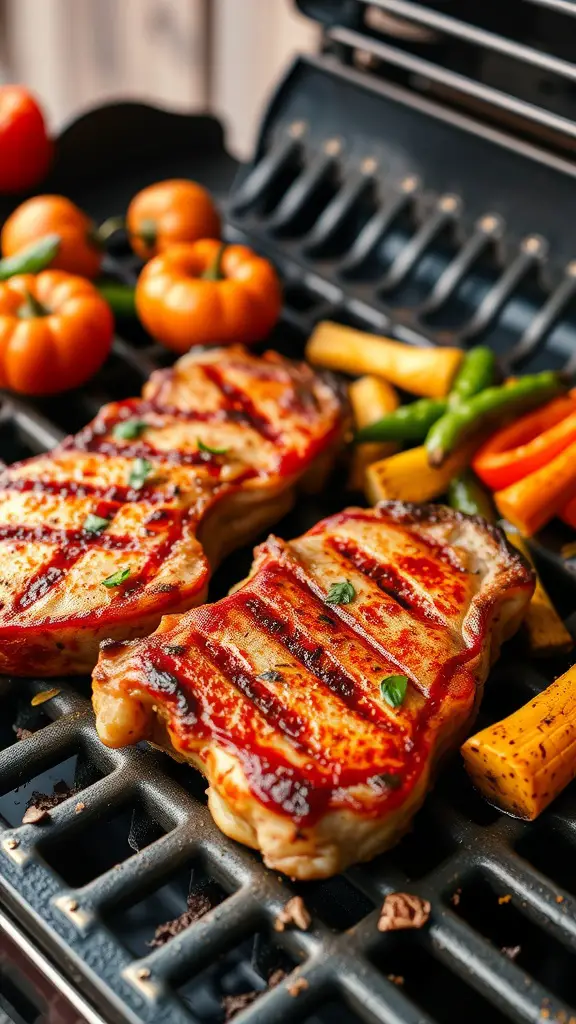 Spicy paprika pork chops on a grill with vegetables