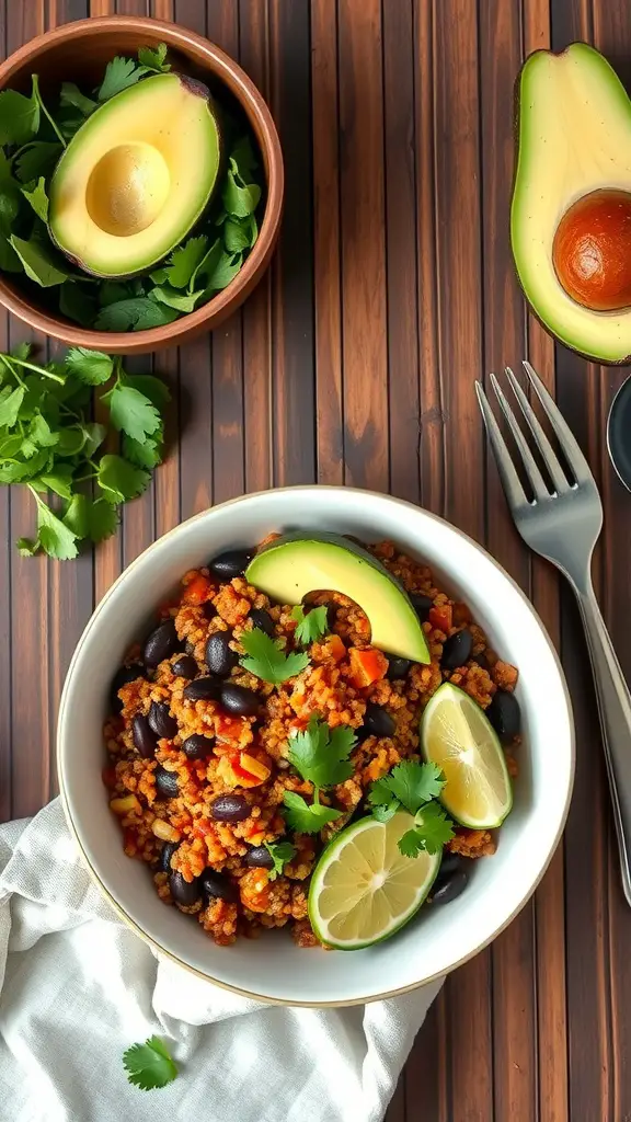 A colorful bowl of spicy quinoa and black beans garnished with cilantro and lime