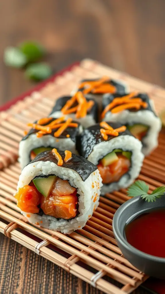Spicy Salmon Sushi Rolls on a bamboo mat with dipping sauce
