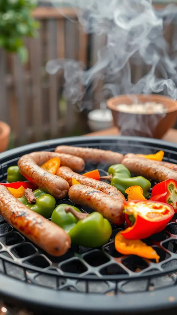 Grilled spicy sausages and colorful bell peppers on a BBQ grill.