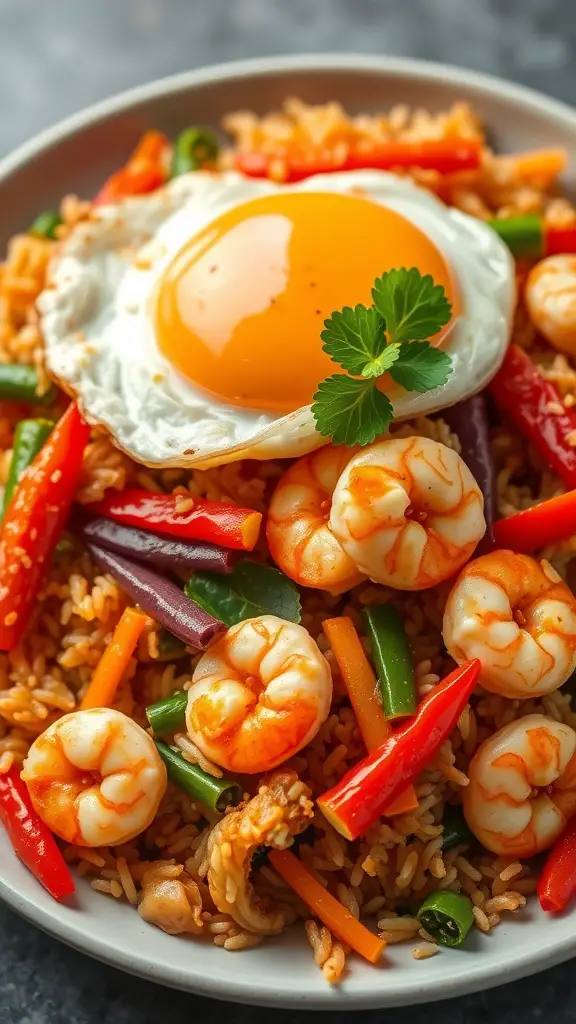 A vibrant plate of spicy shrimp fried rice topped with a fried egg and garnished with green onions