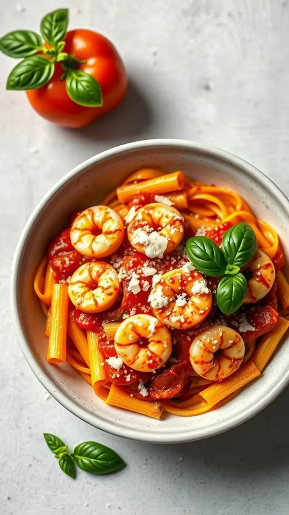 A bowl of Spicy Shrimp Penne Arrabbiata with shrimp, tomato sauce, and fresh basil.
