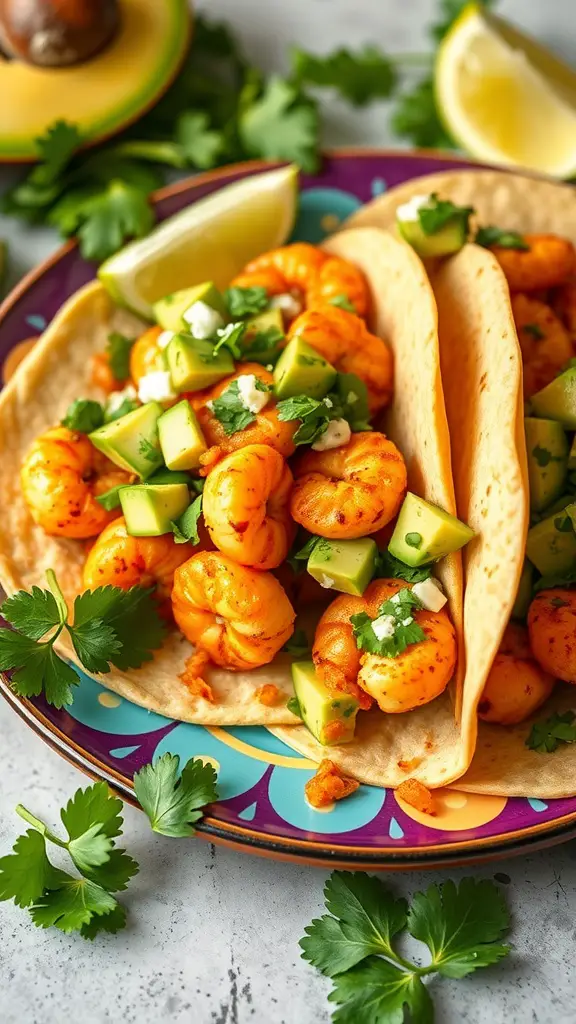 Spicy shrimp tacos with avocado salsa garnished with lime wedges and cilantro
