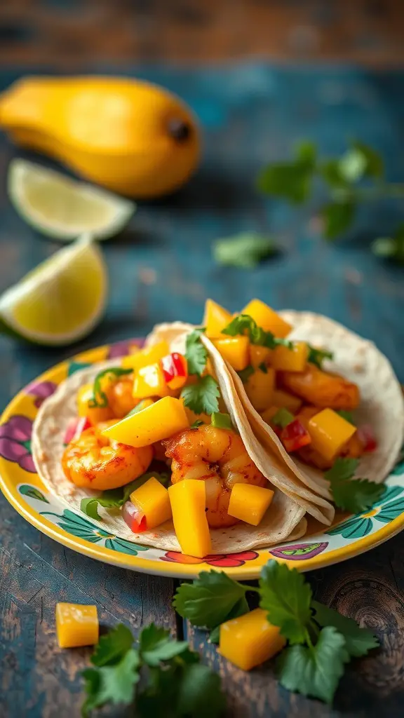 Spicy shrimp tacos with mango salsa on a colorful plate