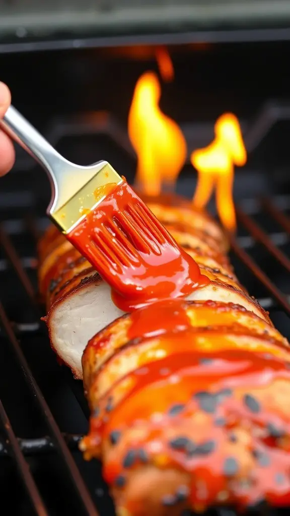 A close-up of a BBQ pork tenderloin being brushed with Sriracha sauce on a grill.
