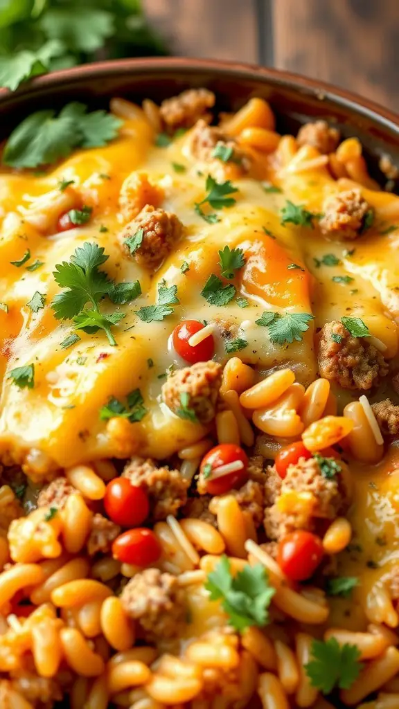 A delicious Spicy Turkey and Rice Casserole with cheese, herbs, and colorful ingredients.