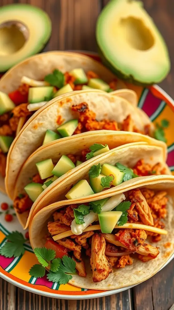 A plate of spicy turkey tacos garnished with avocado salsa and fresh cilantro.