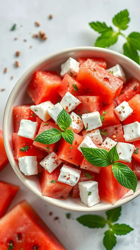A bowl of spicy watermelon feta salad topped with fresh mint.