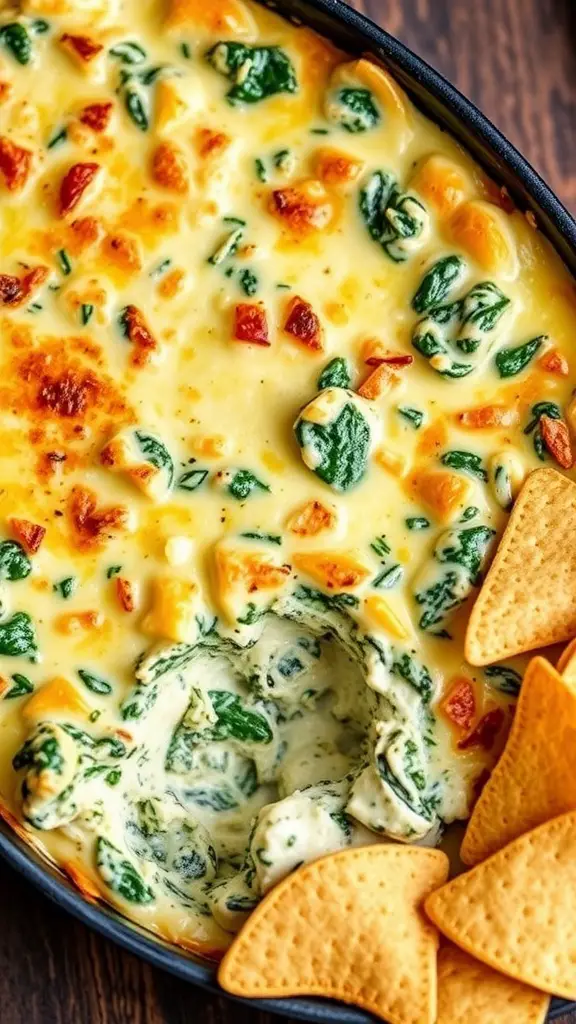 A delicious Spinach Artichoke Dip Casserole served with chips.