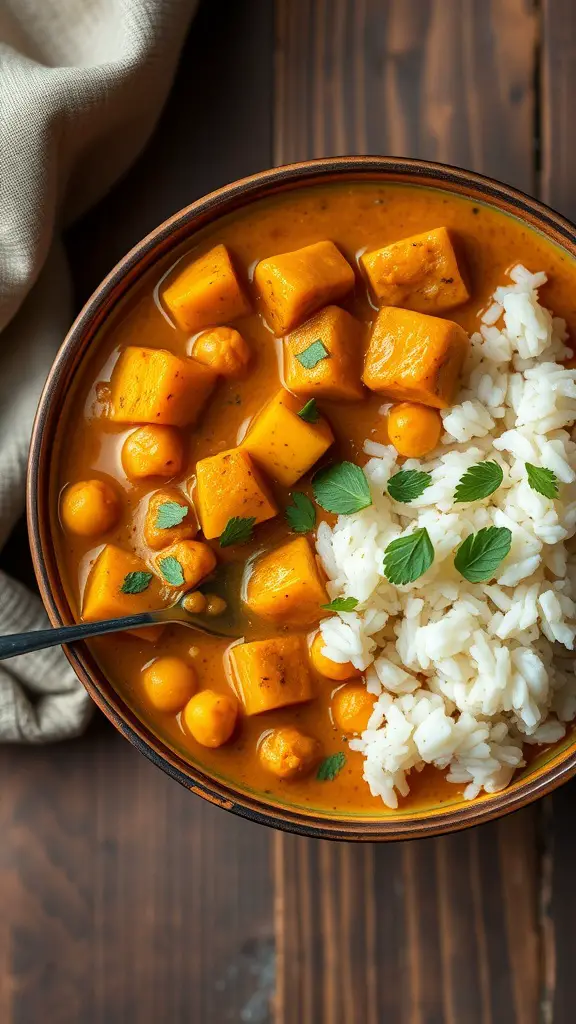 A bowl of squash and chickpea curry served with rice, garnished with fresh herbs.