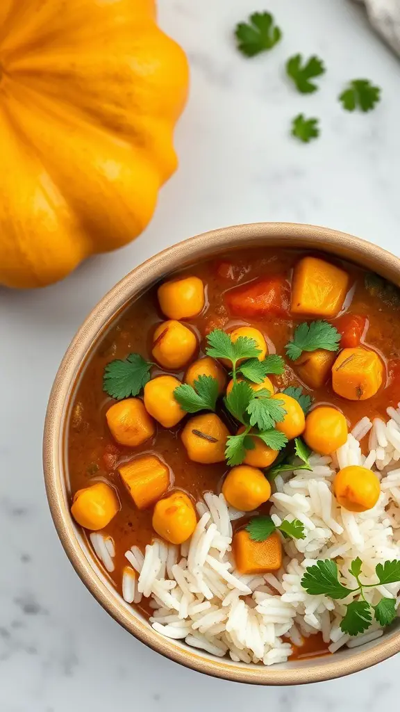 Delicious squash and chickpea curry served with rice