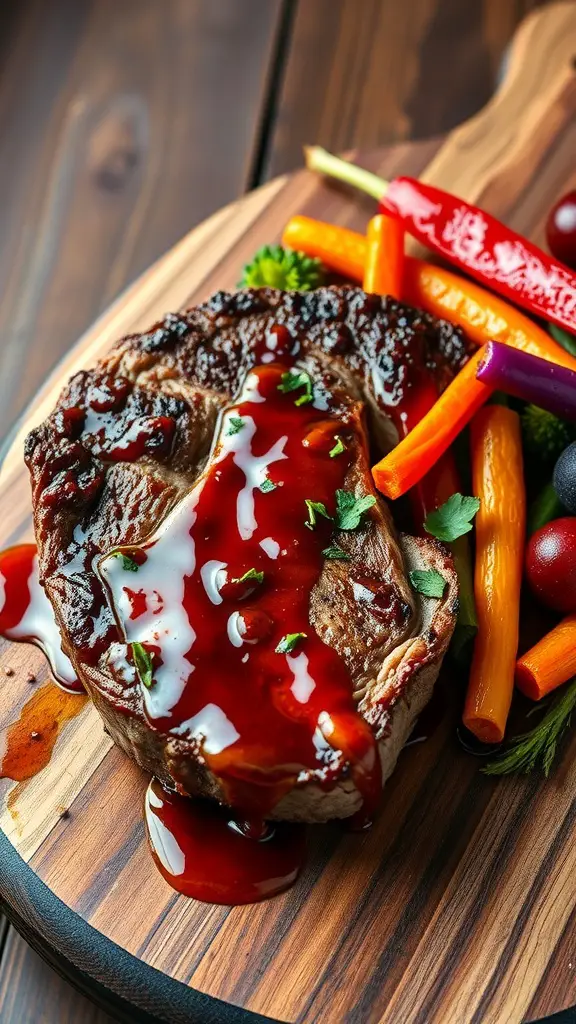 Juicy Sriracha honey glazed ribeye steak with vibrant vegetables on a wooden platter