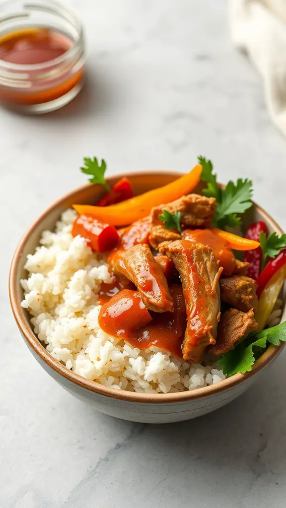 A bowl of Sriracha Honey Pulled Pork served with rice and colorful vegetables.