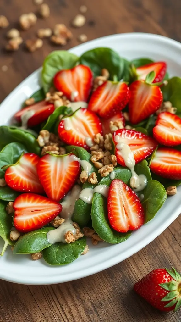 A vibrant strawberry spinach salad topped with walnuts and a creamy dressing.