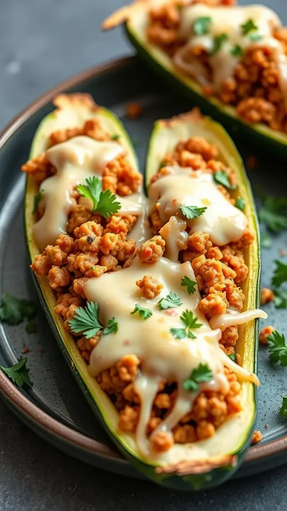 Baked zucchini boats filled with a hearty mixture and topped with cheese.