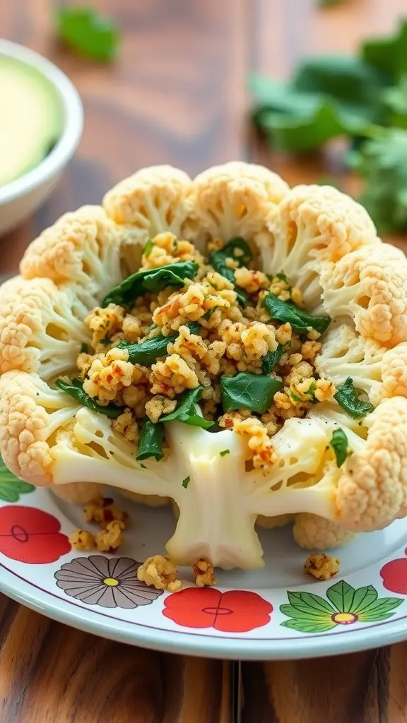 Stuffed cauliflower with quinoa and spinach on a plate