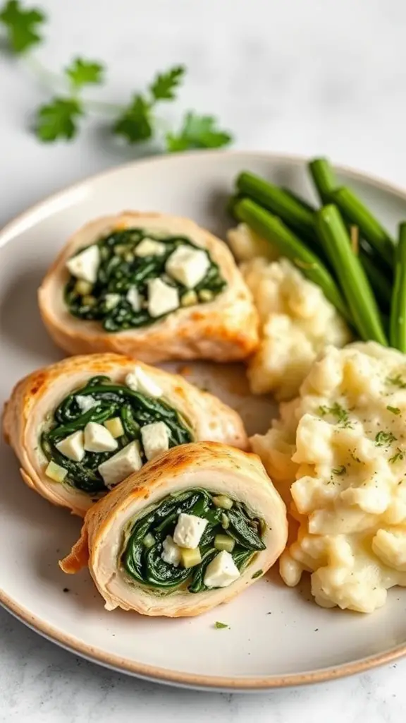 Delicious stuffed chicken breasts with spinach and feta served with mashed potatoes and green beans.