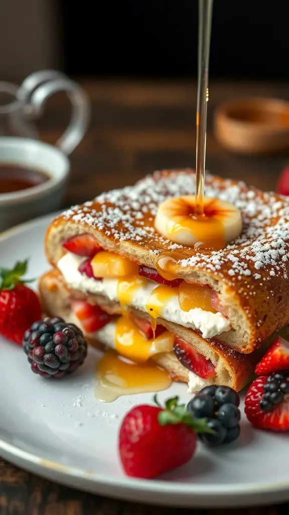 Delicious stuffed French toast with cream cheese filling, topped with syrup and fresh berries.