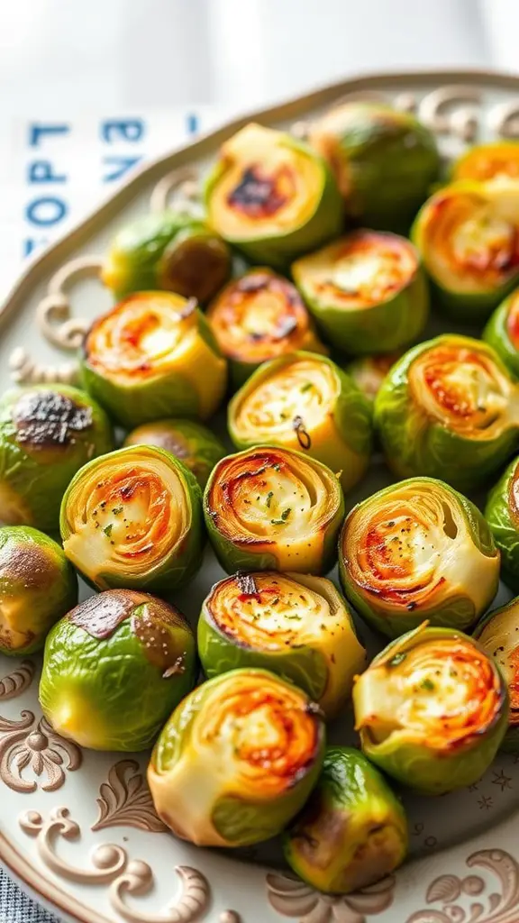 Stuffed grilled Brussels sprouts on a decorative plate.