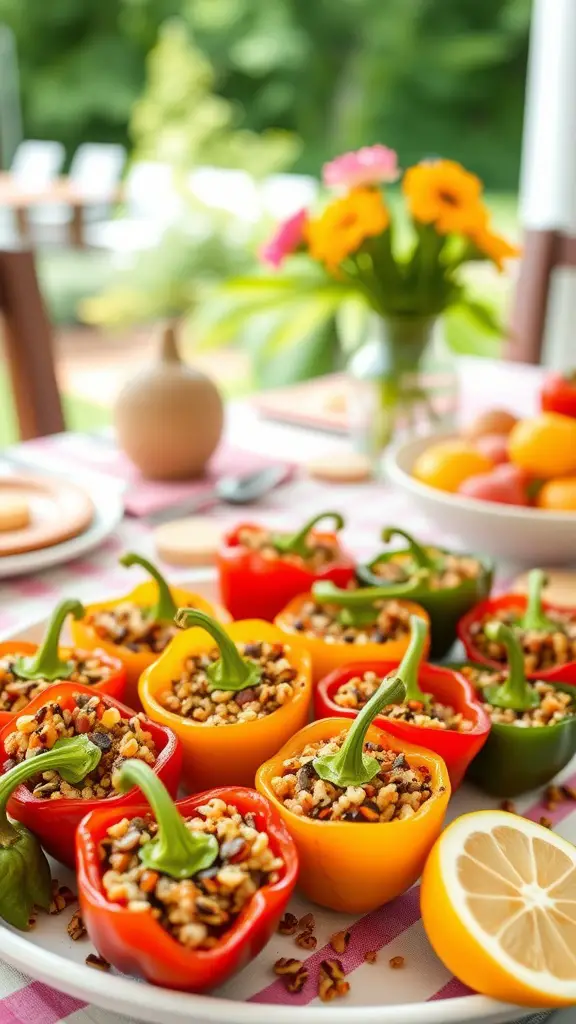 Colorful stuffed mini peppers filled with quinoa and beans on a serving platter.