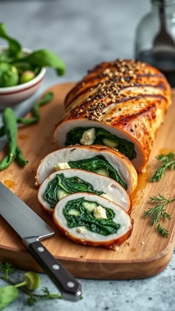 Stuffed pork loin sliced to reveal a filling of spinach and feta cheese.