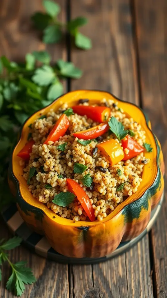 Stuffed squash filled with quinoa and vegetables, garnished with parsley.